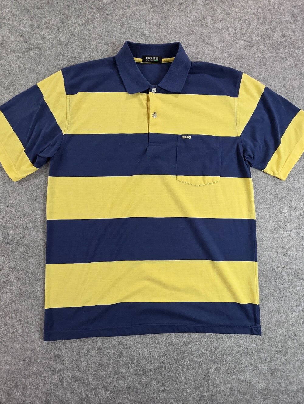 Vintage Boss Hugo Boss Striped Polo Shirt in Navy and Yellow Pocket Sz Large